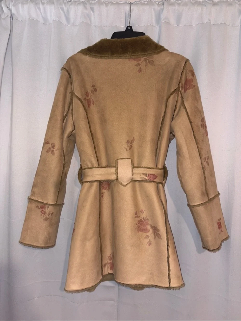 Suede-Style Tan Floral Faux Fur Trim Coat - Picture 2 of 3